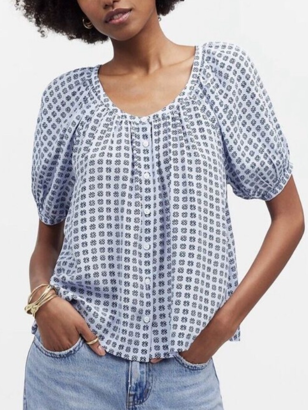 Madewell Floral Puff-Sleeve Button-Front Women's Top in Light Blue Navy Sz Large